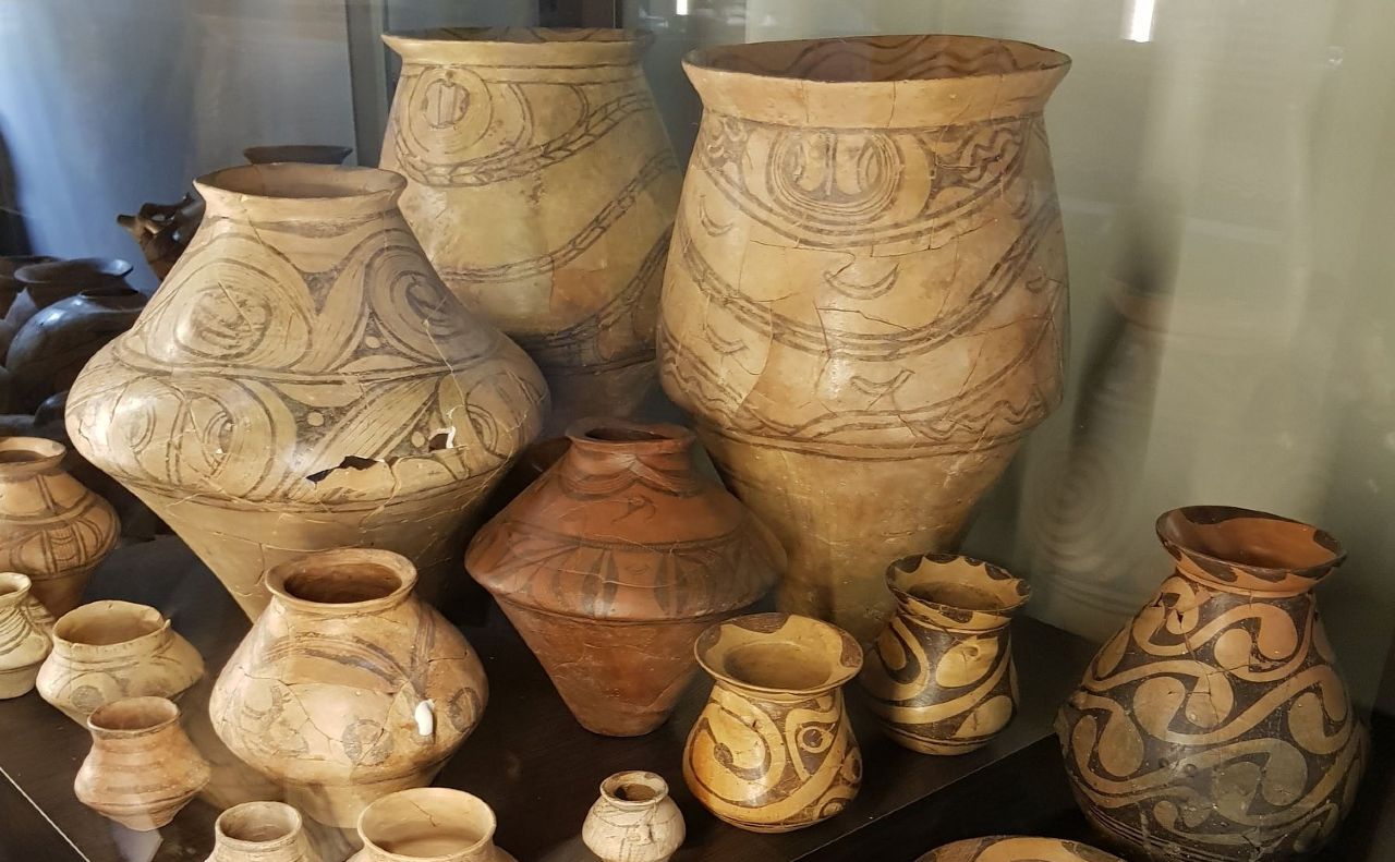 Original clay vessels of the Trypillia civilization (circa 4000 BC — from the later period of Trypillian civilization). Authentic artifacts found during excavations of the Trypillia culture settlements — ancestors of Ukrainians.